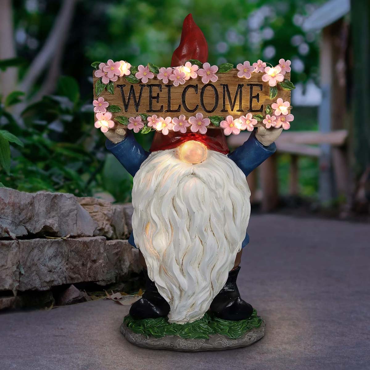 Cute Gnome Hold up a WELCOME Solar Lights Sign-2