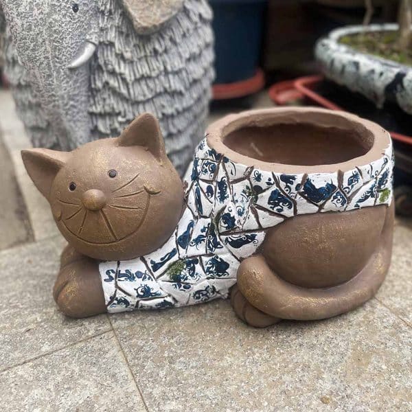 Cute Lying Cat Concrete Statue Planter-3