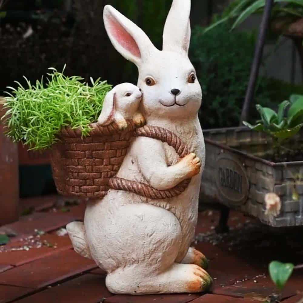 Garden Concrete Rabbit Statue Mother Carry the Baby and Small Planter-2