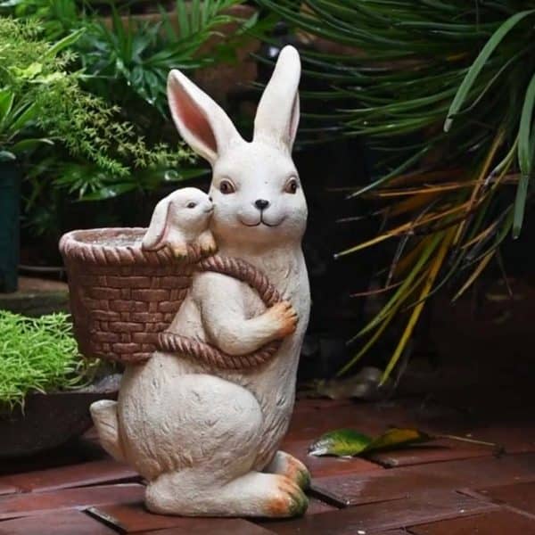 Garden Concrete Rabbit Statue Mother Carry the Baby and Small Planter-3