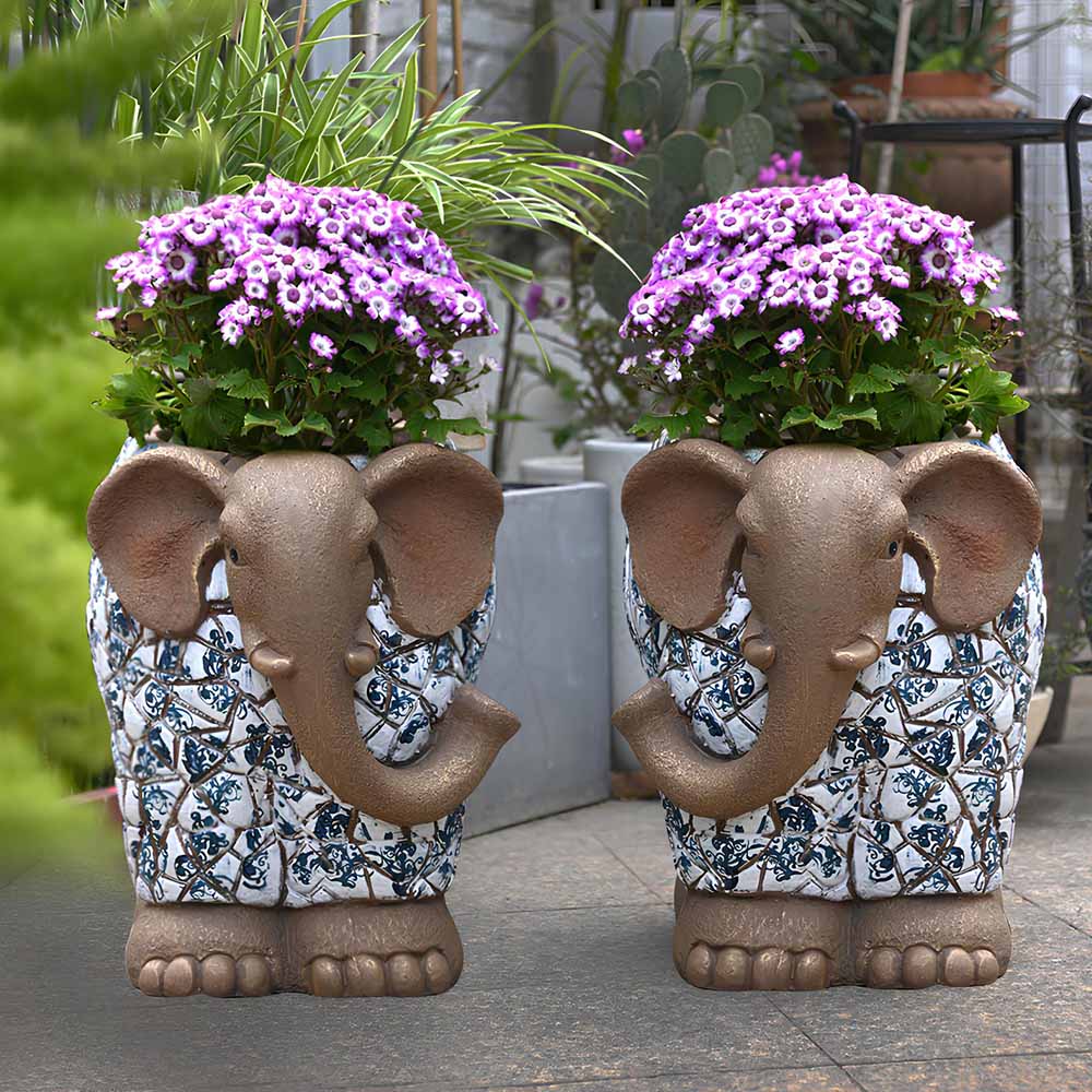 Garden Porch Elephant Sculpture Planter Set of 2 - Trunk Left & Trunk Right-2