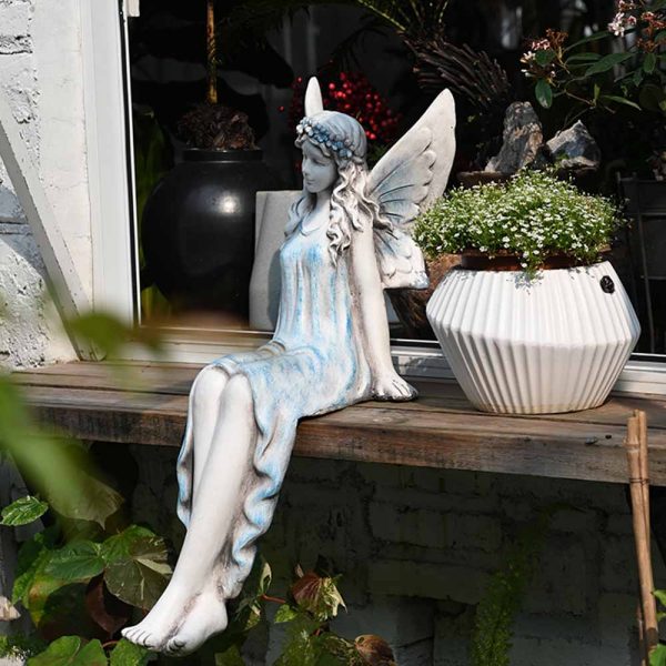 Large Concrete Sitting Fairy Statue Azure Skirt Handmade Printed-3