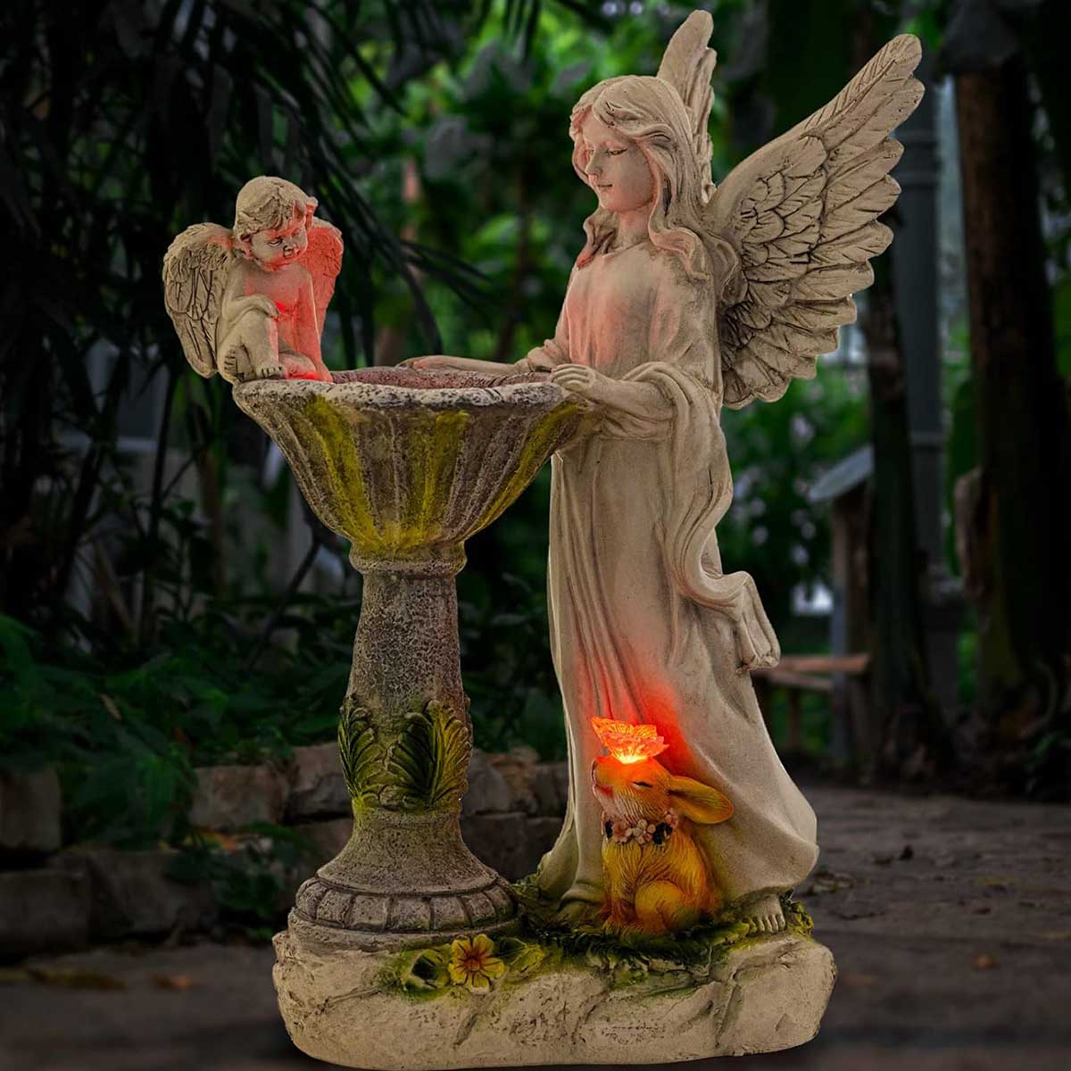 Outdoor Angel Statues with Squirrel & Solar Birdbath Auto Color Changing Lights-1