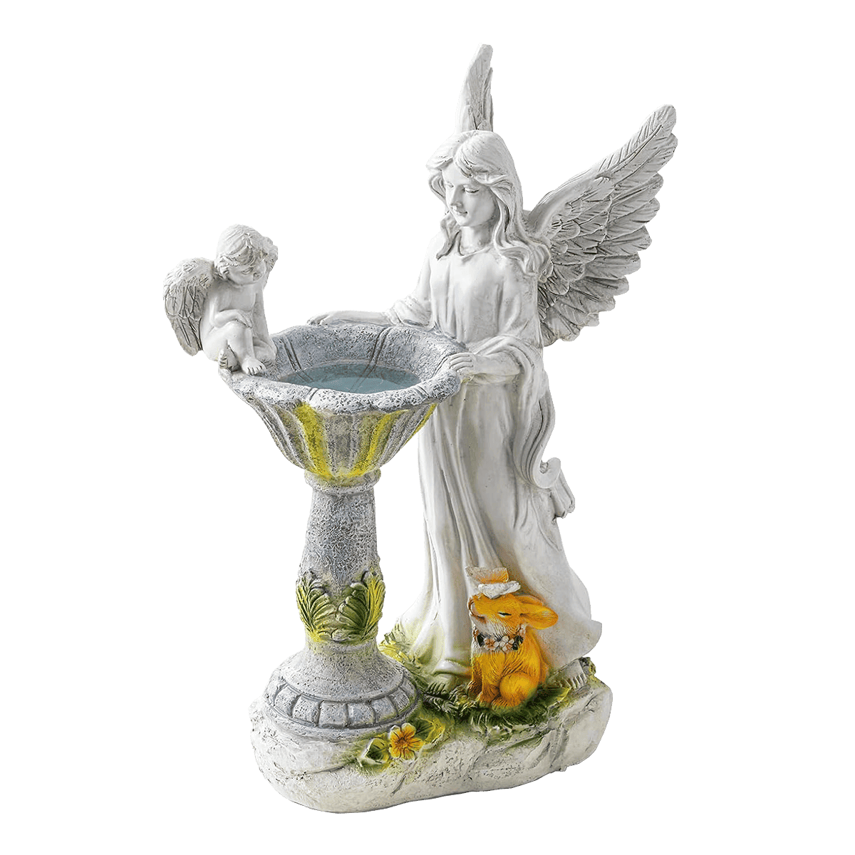 Outdoor Angel Statues with Squirrel & Solar Birdbath Auto Color Changing Lights-1