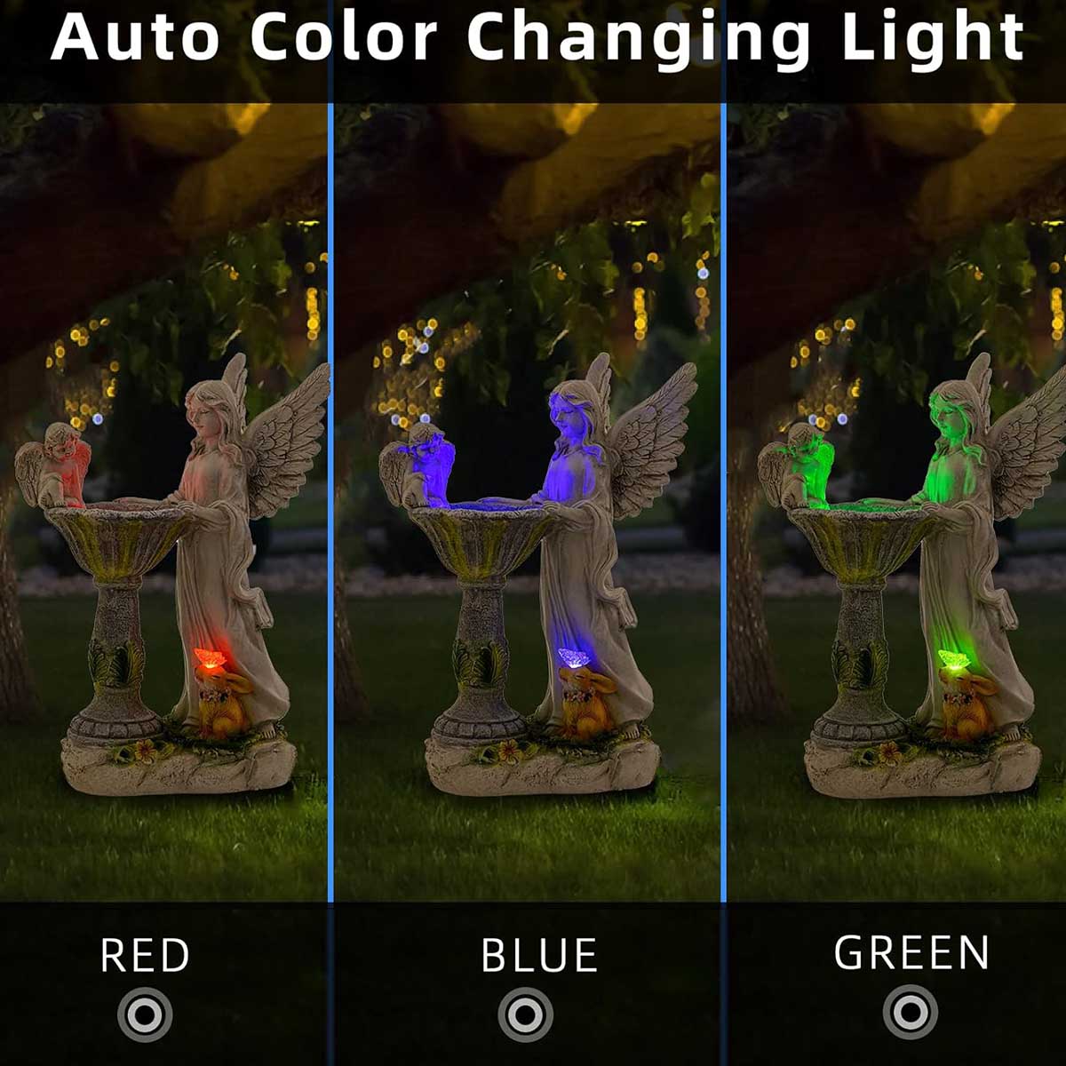 Outdoor Angel Statues with Squirrel & Solar Birdbath Auto Color Changing Lights-2