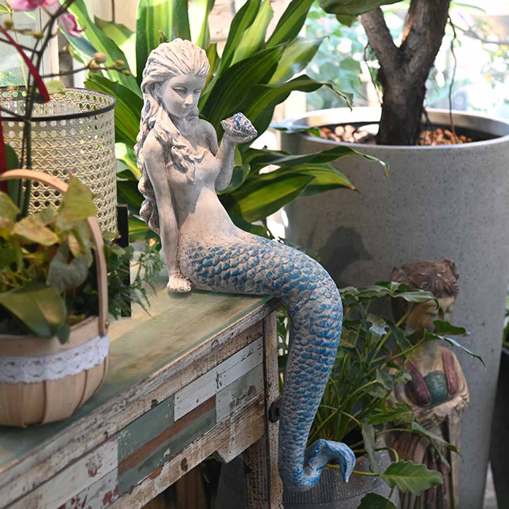 Outdoor Sitting Mermaid Concrete Statue with Blue Tail-1