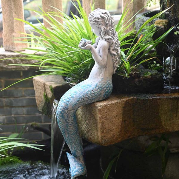 Outdoor Sitting Mermaid Concrete Statue with Blue Tail-2