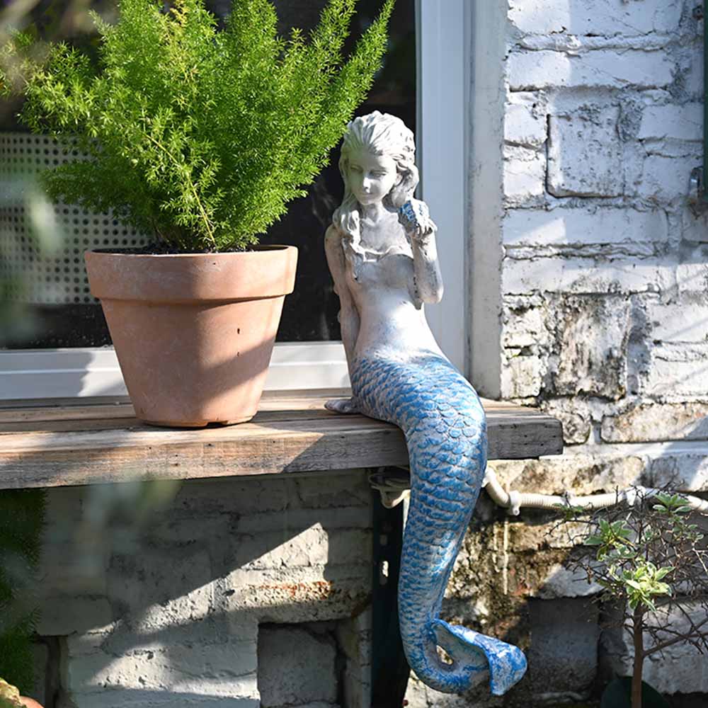 Outdoor Sitting Mermaid Concrete Statue with Blue Tail-3